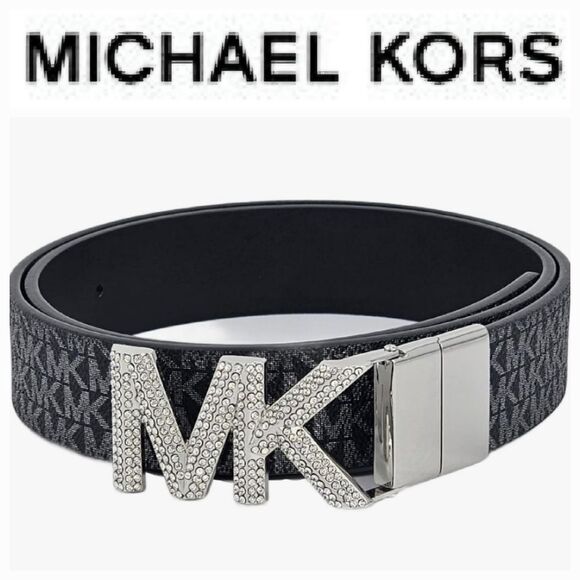 Michael Kors Silver Rhinestone MK Logo Reversible Belt - Picture 1 of 8